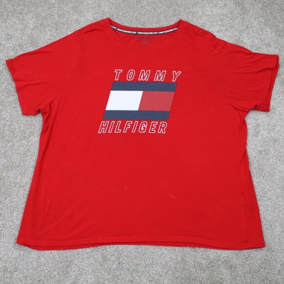 Tommy Hilfiger Shirt Womens 2XL XXL Red Big Logo Cotton/Modal Short Sleeve - Picture 1 of 12
